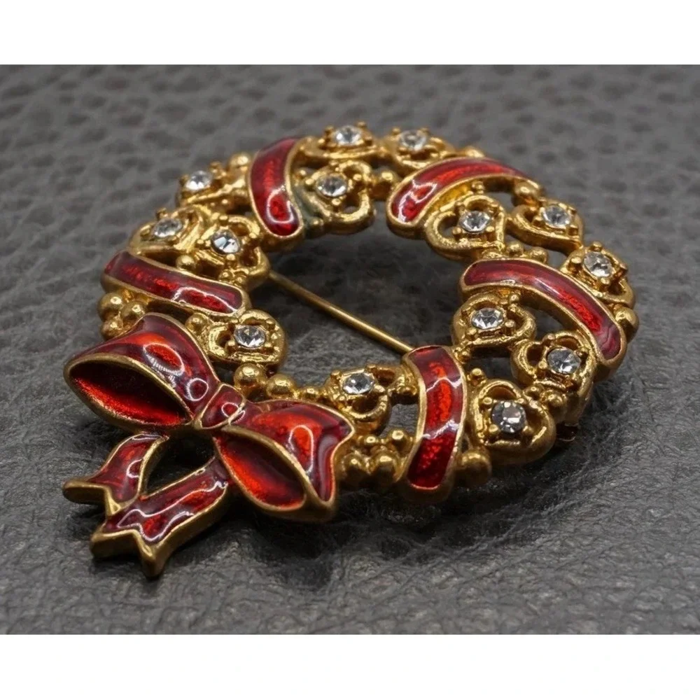 Vintage To Mod Christmas Holiday Enamel Brooch Pin Lot Gold Tone Rhinestone